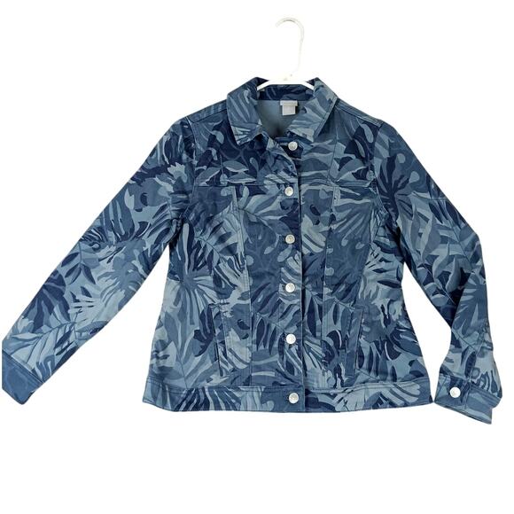 Chico's Button Up Denim Jacket Womens 0 US 4/6 Blue Floral Camo Tropical Boho - Picture 2 of 14